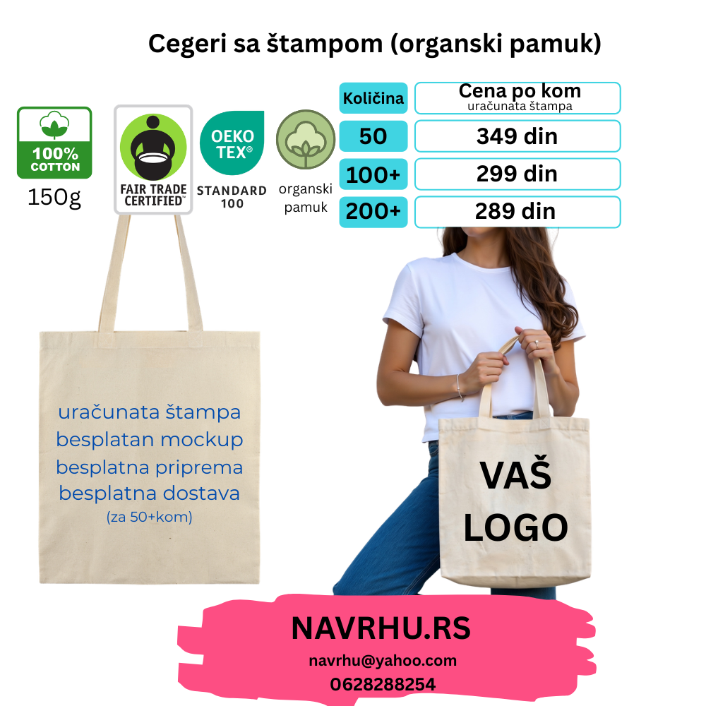 Reklamni ceger od organskog pamuka 150g/m2 - uračunata štampa