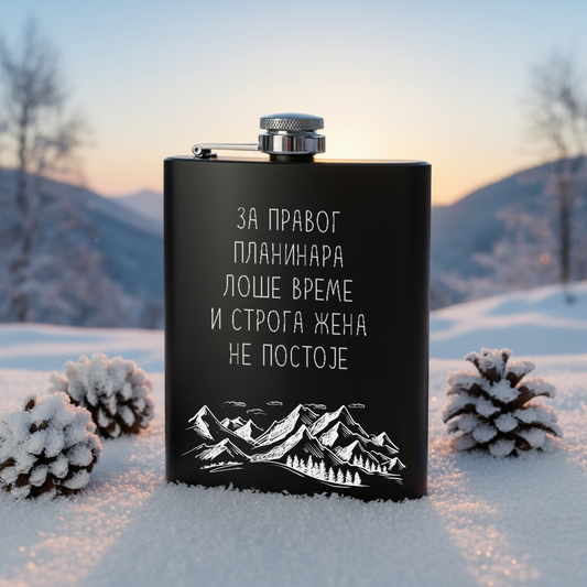 Crna pljoska 230ml - Za pravog planinara, loše vreme i stroga žena ne postoje