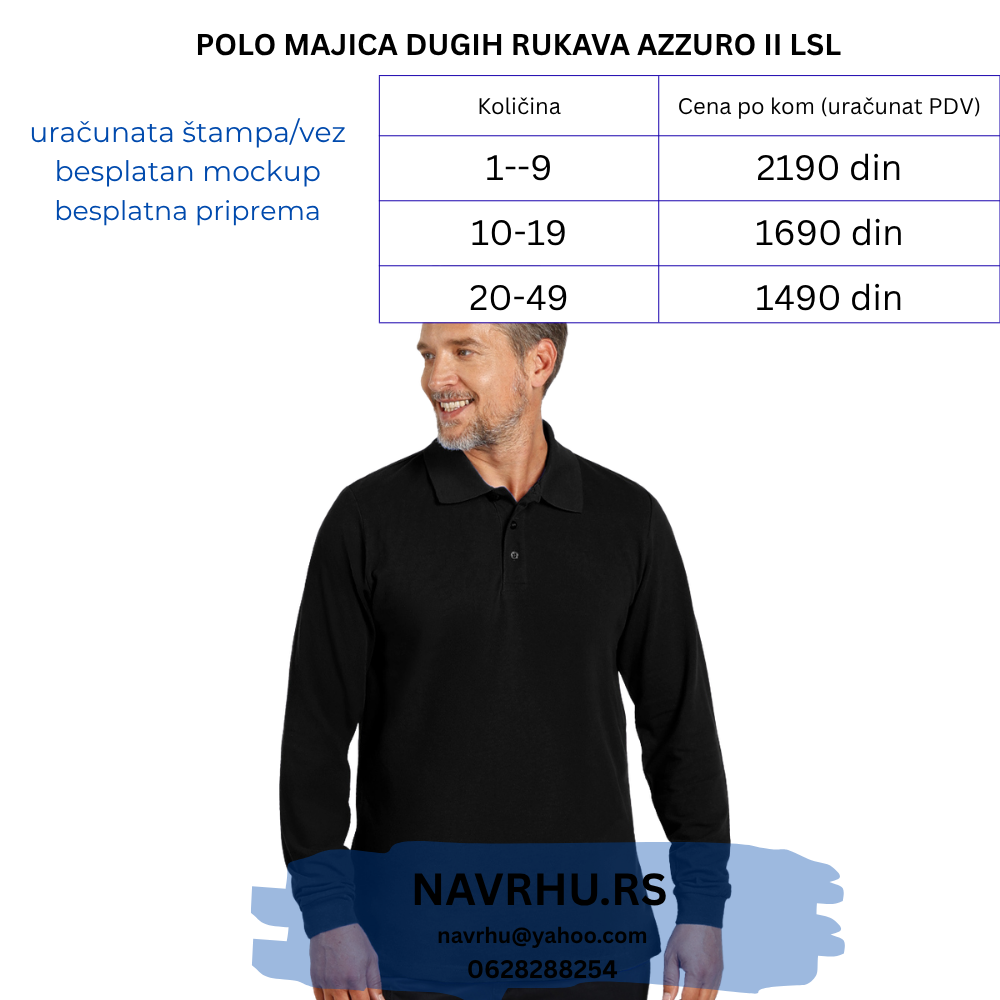 Pamučna polo majica dugih rukava, 180 g/m2 Azzurro II (unisex) - uračunata štampa ili vez
