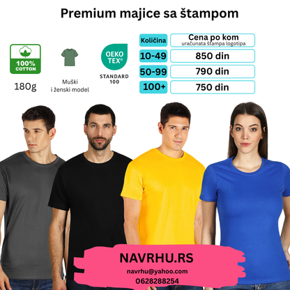 Premium pamučna majica u boji 180g/m2 (uračunata štampa po želji) - reklamne majice