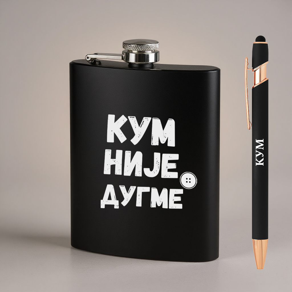 Poklon za kuma/kumu, Crna pljoska - Kum/a nije dugme + gratis hemijska