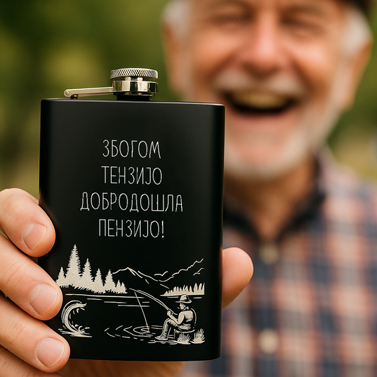 Poklon za penzionera ribolovca - Crna pljoska: Zbogom tenzijo, dobrodošla penzijo!