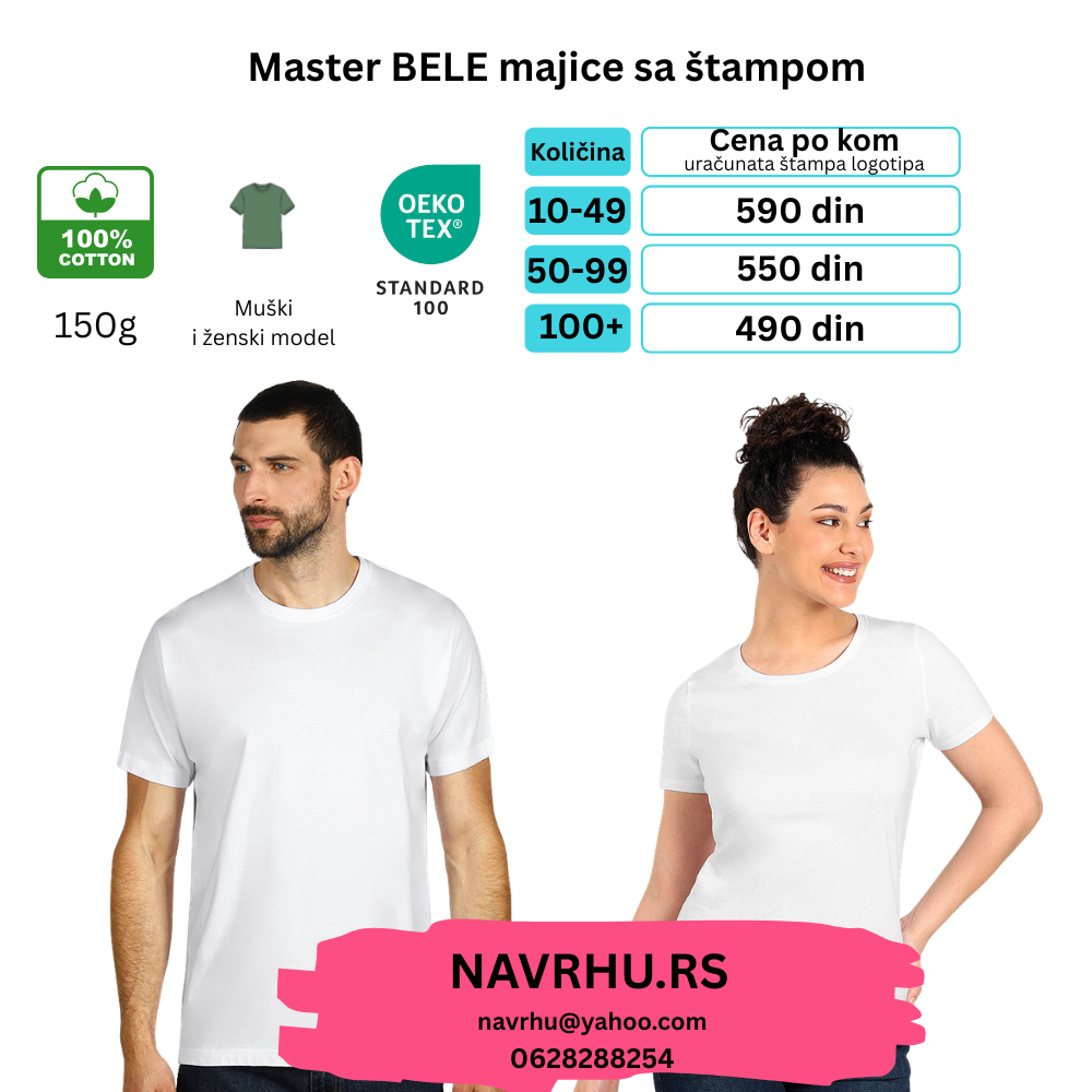 Master bela pamučna majica 150g/m2 (uračunata štampa po želji) - reklamne majice